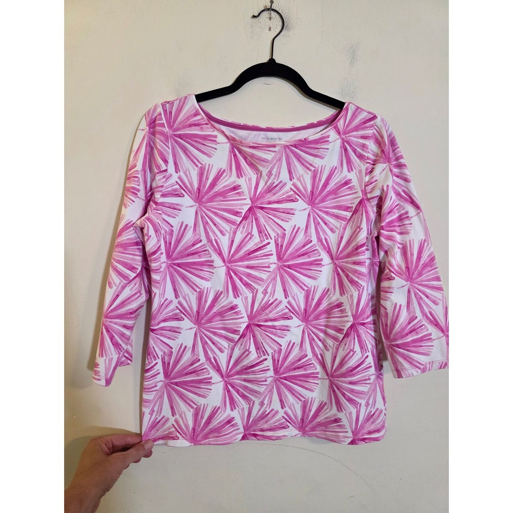 Talbots Tee Womens Medium Pink White Abstract Palm Print 3/4 Sleeve Boat Neck